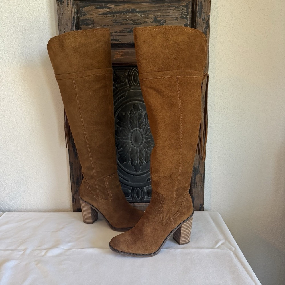 Franco Sarto Elnora Tall Suede Over The Knee Boots Brown Boho Fringe Tassel Sz 9